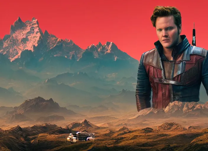 Image similar to a very high resolution image from a new movie, starlord. in a room full of posters and vinyls. mountains, directed by wes anderson