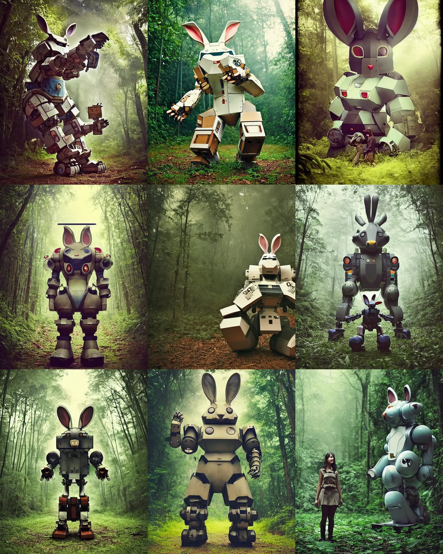 Prompt: dynamic pose !!!giant oversized battle rabbit robot chubby mech with big ears , in jungle forest !!! , full body , Cinematic focus, Polaroid photo, vintage , neutral dull colors, soft lights, foggy , stars by NASA , by oleg oprisco , by victor enrich , by gregory crewdson , by discovery channel , by most wanted
