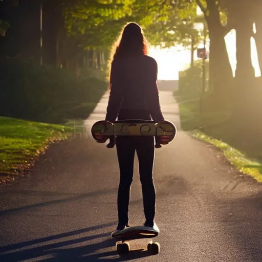 Prompt: a girl with curly black hair holding a skateboard, Backlighting