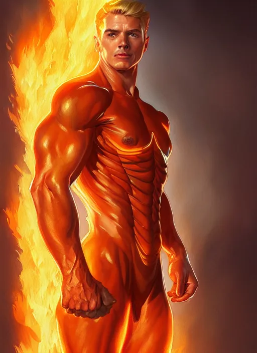 Prompt: Portrait of The Human Torch, D&D, muscular, fantasy, intricate, elegant, highly detailed, digital painting, artstation, concept art, smooth, sharp focus, illustration, art by artgerm and greg rutkowski and alphonse mucha