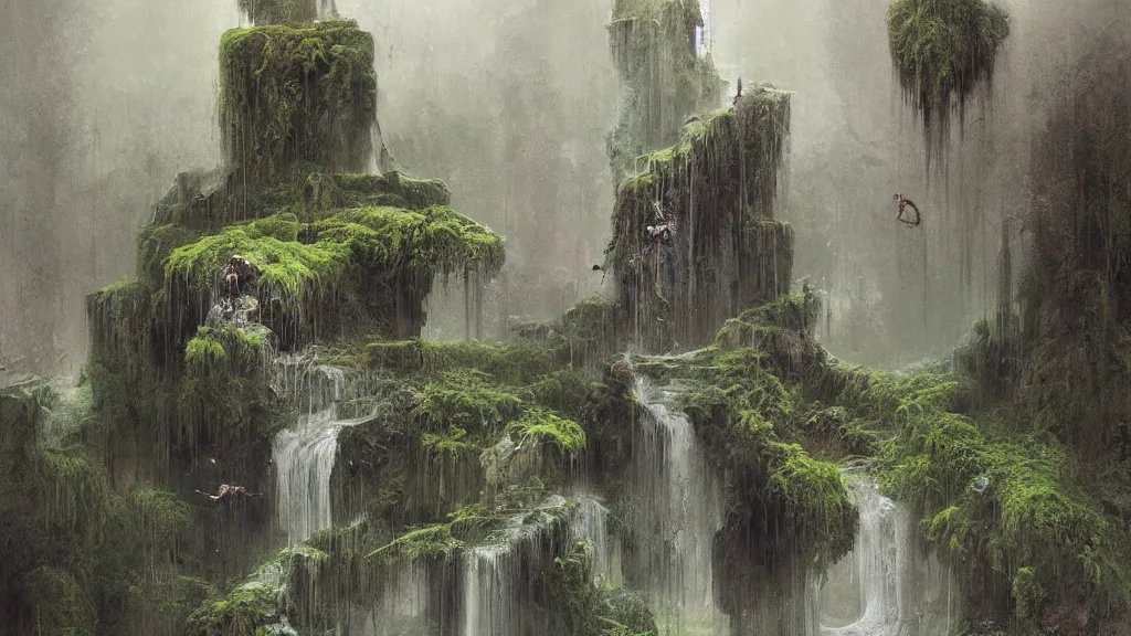 Prompt: waterfall, moss, gnarly monolith with snakes and symbols, rain, digital painting, sharp, digital art by Beksinski, Ruan Jia, Rudolf Béres