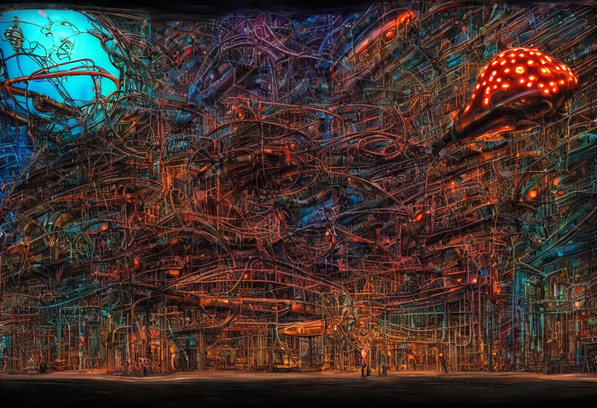 Prompt: a giant neon sign nudibranch in the foreground in front of a massive rusty brutalist industrial plant, glowing windows, biomechanical, biopunk, nighttime, low key, dark, gloomy, hazy, spotlights, leds, dramatic lighting, watch tower, helicopter, vignette, art by hr giger, digital art