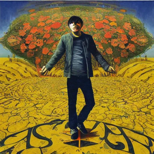 Image similar to stone roses album cover with ian brown holding hand out perspective by esao andrews