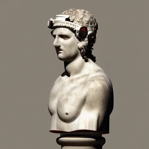 Prompt: a roman bust wearing headphones listening to music, in the stule of vaporwave