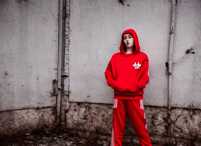 Image similar to 2 0 years old female gopnik in red adidas sport costume, soviet yard, typical russian atmosphere, symmetrical, cinematic, real photography