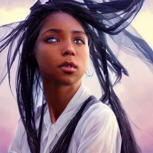 Prompt: a Photorealistic dramatic hyperrealistic bright blue eyes, African American elegant girl, black hair, white veil,by WLOP,Artgerm,Greg Rutkowski,Alphonse Mucha, Dang My Linh, Beautiful dynamic dramatic bright sunset lighting,shadows,cinematic atmosphere,Artstation,concept design art,Octane render,8k, godrays-C 12.0