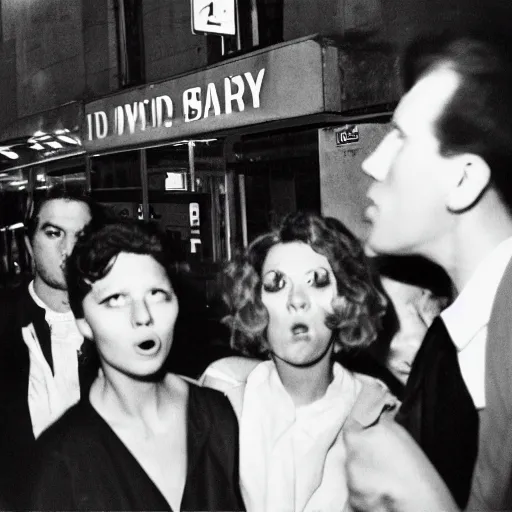 Image similar to Street photography, a close up of several people leaving a seedy nightclub at 5am, they are smoking, someone is screaming, Kodachrome