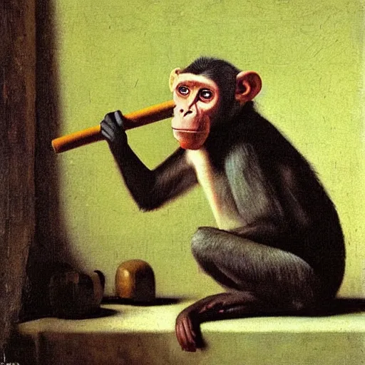 Image similar to Monkey smoking a Cuban cigar, oil on canvas, by Johannes Vermeer