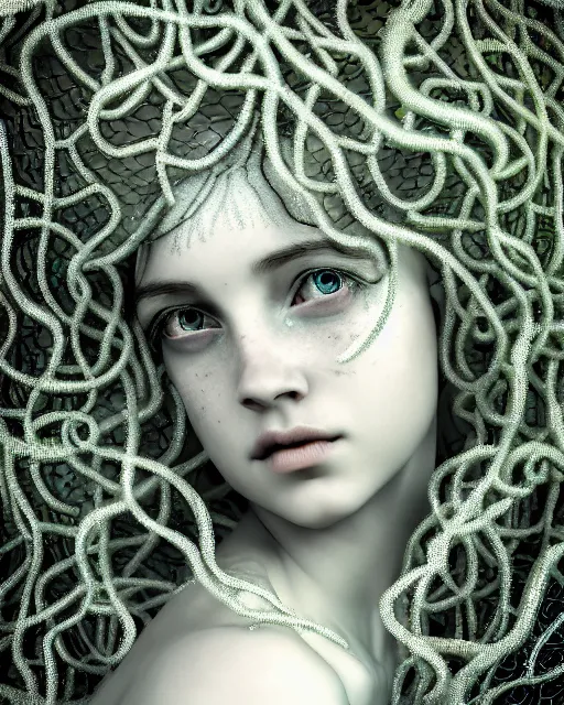 Image similar to surreal mythical dreamy underwater artistic bw photo of a beautiful young female angelic - medusa - cyborg covered with fish scales and algae, highly detailed, intricate crystal ivy jelly fish scales ornate, poetic, octane render, 8 k, photo - realistic, in the style of gustave dore and preraphaelites