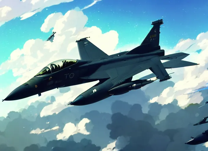 Image similar to portrait of figther jet evading, clear sky background, lush landscape, illustration concept art anime key visual trending pixiv fanbox by wlop and greg rutkowski and makoto shinkai and studio ghibli and kyoto animation, dcs world falcon bms, f 1 6 mixed panavia tornado, symmetrical, backlit