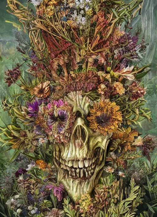 Image similar to a hyper detailed fine painting of a monster made of woods herbs flowers and plants, weird bizzar art, horror tribal surrealism