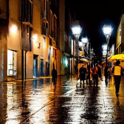 Image similar to Kson Souichou walking down the street at night, raining, street lights shining