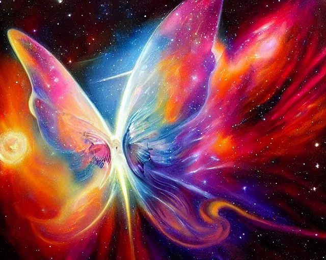 Prompt: cosmic butterfly nebula, a closeup expressive oil painting, by ( leonardo da vinci ) and greg rutkowski and rafal olbinski ross tran airbrush time magazine