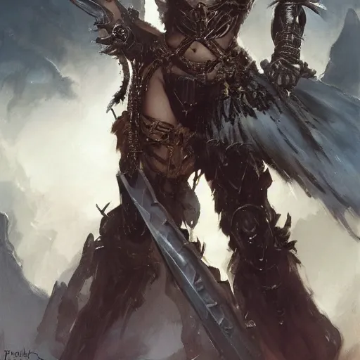 Prompt: A full portrait of a beautiful armored berserker woman, with an oversize Gothic sword, by Frank Frazetta, Greg Rutkowski, Boris Vallejo, epic fantasy art, Exquisite detail, post-processing, masterpiece, cinematic