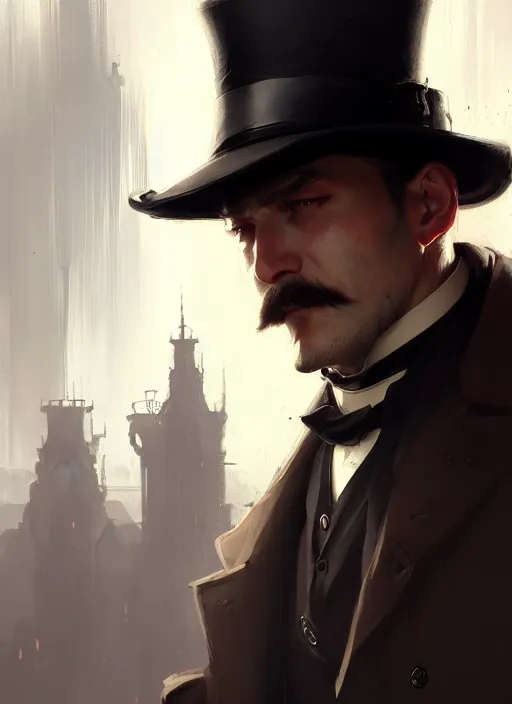 Image similar to character concept art of a victorian detective, key visual, realistic shaded perfect face, fine details, dystopian environment, by stanley artgerm lau, wlop, rossdraws, james jean, andrei riabovitchev, marc simonetti, and sakimichan, trending on artstation