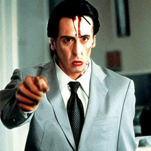 Prompt: Al Pacino as The American Psycho, cinematic still, sweating hard