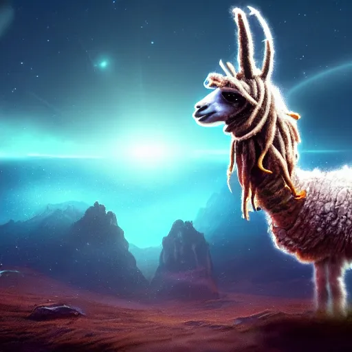 Prompt: llama with dreadlocks, realistic creature concept, heroic pose, space nebula in background, by chriss foss, 4k, artstation