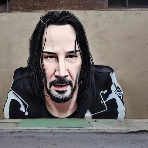 Prompt: Street-art portrait of Keanu Reeves in style of Banksy, photorealism