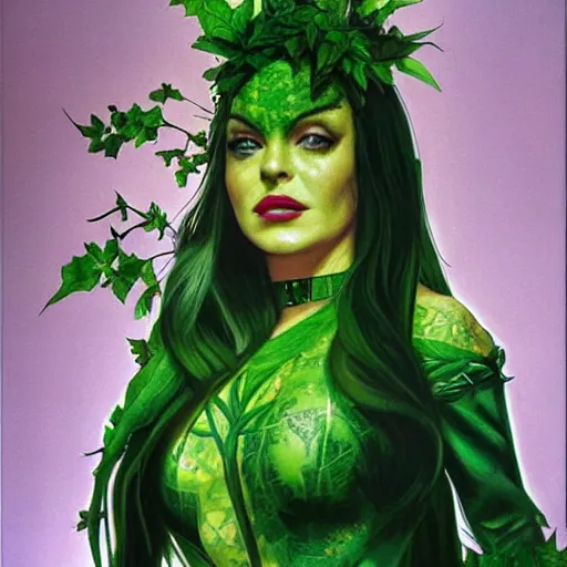 Image similar to portrait of lindsay lohan as poison ivy, wearing a green dress and floral growths, epic details by alex ross