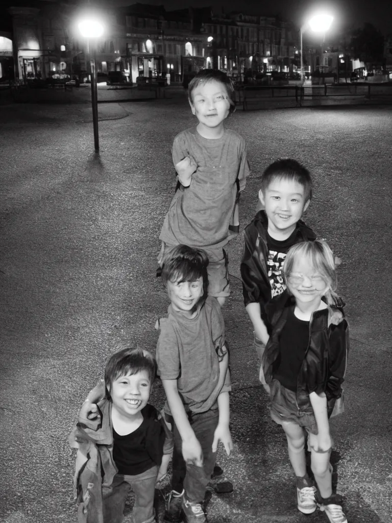 Image similar to two kids posing for a picture at night, backlit, small town, town square, lomography