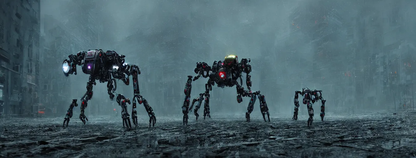 Image similar to snapshot of scene, where terrific and creepy gigantic 8 legs spider mech robot with volumetric lights, running and hunting remaining humans in a heavy rainy post - apocalyptic world, high detail, motion blur, ground fog, saturated colors, by james paick, render unreal engine - h 7 0 4