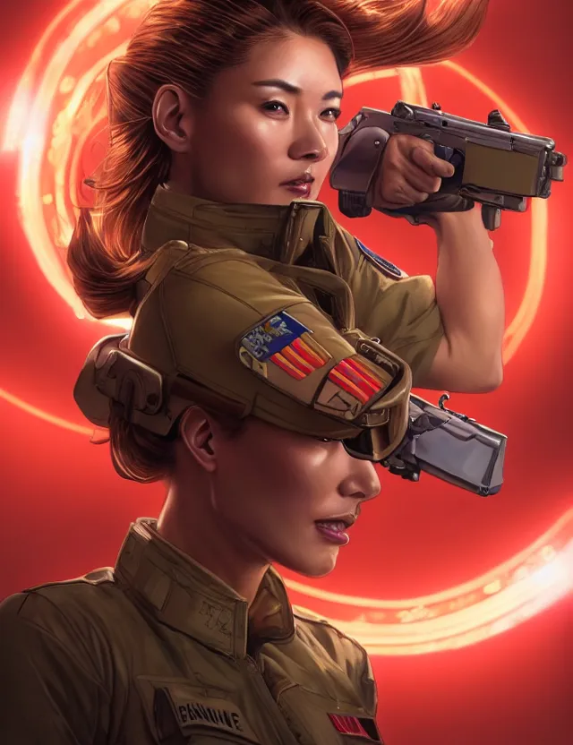 Prompt: a brown - haired woman in a military uniform hovering in the air glowing with red light and crackling energy, by tian zi and artgerm and xiaoguang sun and moebius, trending on artstation, digital art, 4 k resolution, detailed, high quality, sharp focus, hq artwork, coherent, insane detail, concept art, character concept, character full body portrait