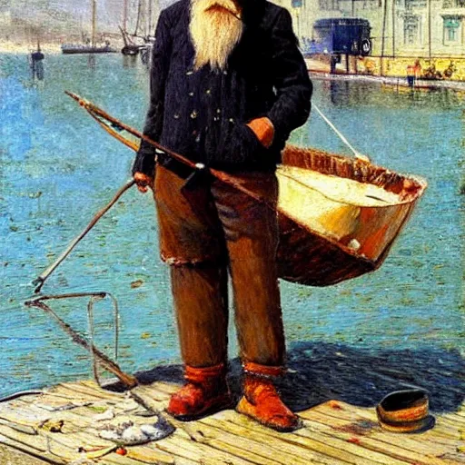 Prompt: painting of sailor hobo hyperrealism vasily vereshchagin at harbor boat