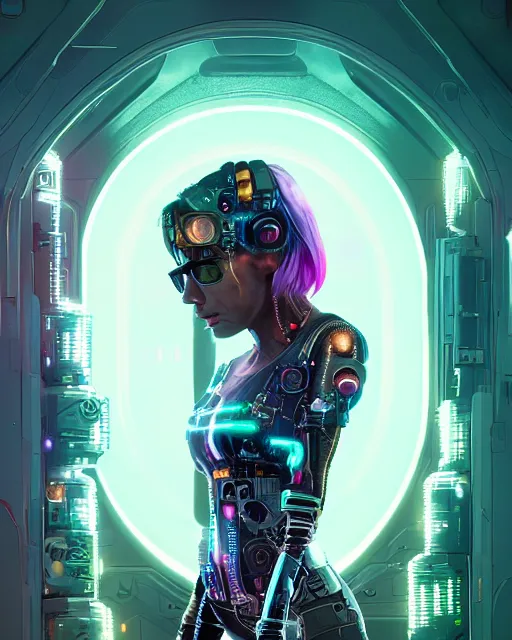 Image similar to portrait of agatha vega as a cyberpunk cyborg. sci - fi, missing panels, intricate abstract upper body intricate artwork, by tooth wu, wlop, beeple, dan mumford. concept art, octane render, deviantart, greg rutkowski, cinematic, key art, hyperrealism, iridescent accents