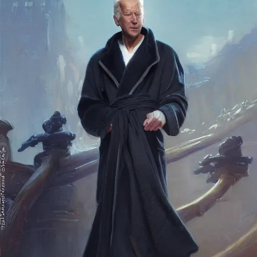 Image similar to detailed realistic cinematic wide shot of beautiful attractive young joe biden cyborg man wearing black bath robe slim face symettrical face clean skin black eyes black robe smooth, sharp focus, ultra realistic, spring light, painting by gaston bussiere, craig mullins, j. c. leyendecker