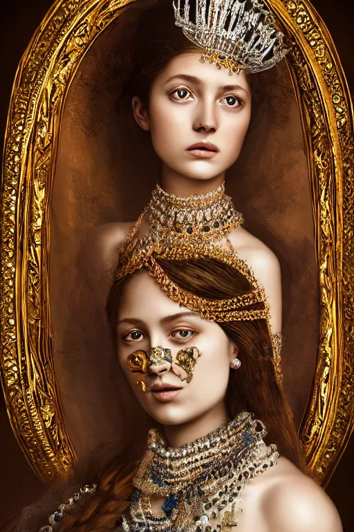 Image similar to beautiful very detailed portrait of a young princess with lots of jewelry and an Ultra Lux jade mask, full body, in the background there is a minimalistic throne, digital art , photos by Annie Leibovitz, moody, models by 500px, dramatic cinematic lighting rendered by octane, 8k, detailed, intricate, clean and textures, trending on artstation, deviantart google images, pinterest