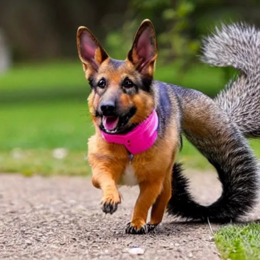 Prompt: small german shepherd in a pink collar chasing a giant squirrel, as a bill watterson cartoon