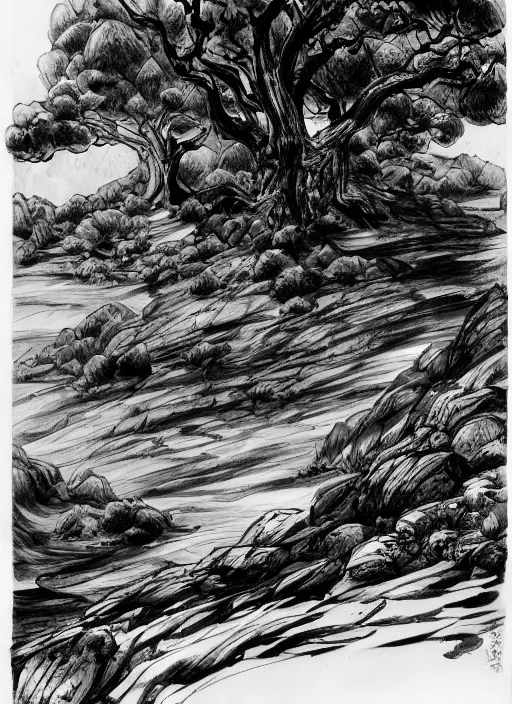 Prompt: black and white drawing of a landscape, an ink drawing by toriyama sekien, artstation contest winner, fantasy art, concept art, ink drawing, pencil sketch