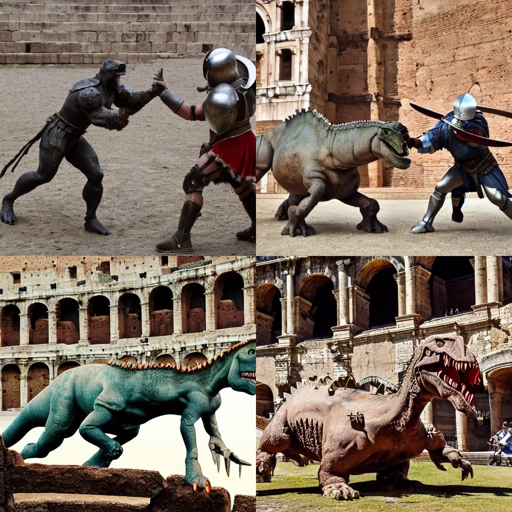 Prompt: a gladiator fighting a dinosaur in the Colosseum