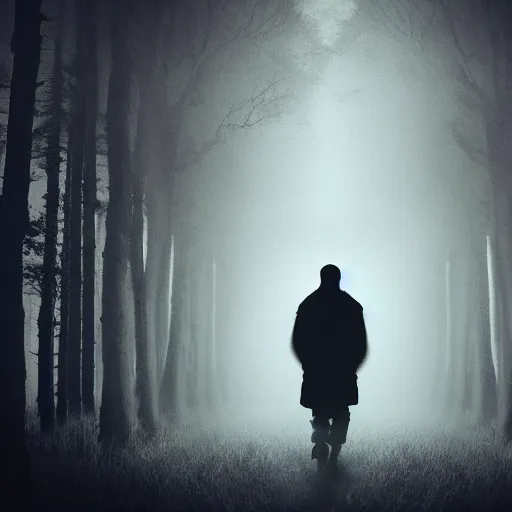 Image similar to God walks alone through the woods at night, gloomy, dark, foggy, night, ominous, dark color, atmospheric, cinematic lighting, intricate detail?