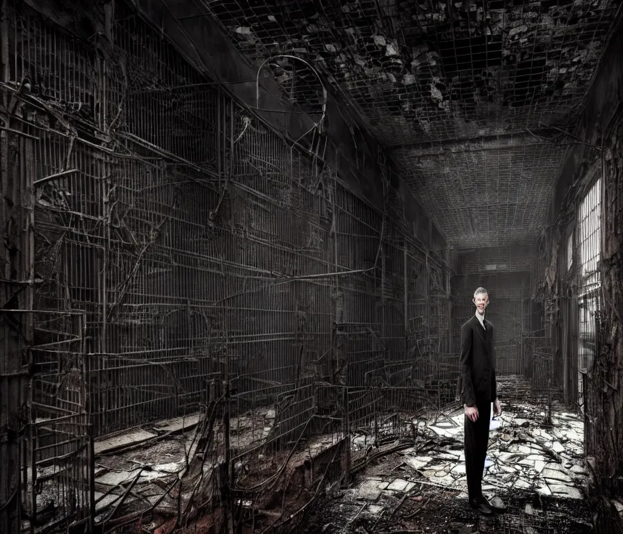 Prompt: creepy tall man with very long limbs sits on the floor. An underground very dark gloomy multi-layered structure of rusty thick iron grates, dense chain-link fencing and peeling walls. Inside view, collapsed floors, bent rusted iron, masterpiece, black background, corners, cinematic, hyperdetailed, photorealistic, hyperrealism, octane render, 8k, depth of field, bokeh, architecture, shadows, art by Zdzisław Beksiński, Arthur Rackham, Dariusz Zawadzki