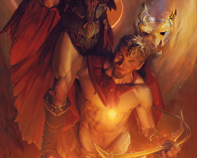 Image similar to attractive male deity, casting demonic magic, summoning handsome lucifer morning star. highly detailed painting by gaston bussiere, craig mullins, j. c. leyendecker 8 k