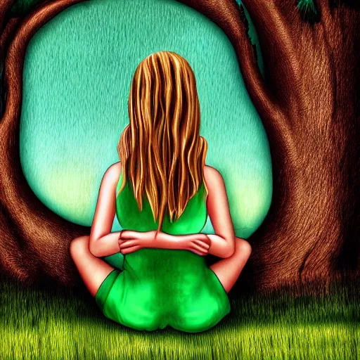 Image similar to a young woman with long blond hair sitting on a green bench with her head in her hands, digital art, deviant art