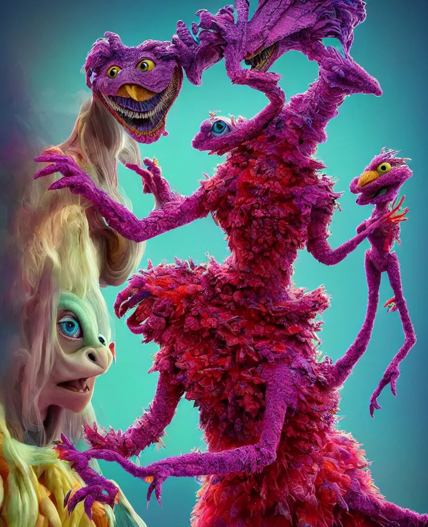 Image similar to hyper detailed 3d render like a Oil painting - kawaii portrait of two Aurora (a beautiful skeksis muppet fae princess protective playful expressive acrobatic from dark crystal that looks like Anya Taylor-Joy) seen red carpet photoshoot in UVIVF posing in scaly dress to Eat of the Strangling network of yellowcake aerochrome and milky Fruit and His delicate Hands hold of gossamer polyp blossoms bring iridescent fungal flowers whose spores black the foolish stars by Jacek Yerka, Ilya Kuvshinov, Mariusz Lewandowski, Houdini algorithmic generative render, golen ratio, Abstract brush strokes, Masterpiece, Edward Hopper and James Gilleard, Zdzislaw Beksinski, Mark Ryden, Wolfgang Lettl, hints of Yayoi Kasuma and Dr. Seuss, octane render, 8k