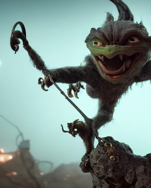 Image similar to highly detailed portrait of a movie gremlin swinging a whip, depth of field, fashion photoshoot, breathtaking, detailed and intricate environment, 8 k resolution, hyperrealistic, octane render