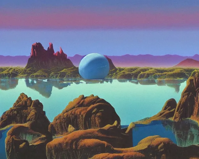 Image similar to roger dean 1 9 8 0 s art of distant mountains strange bizarre alien planet surface lakes reflective clear blue water, rainbow in sky, imagery, illustration art, album art