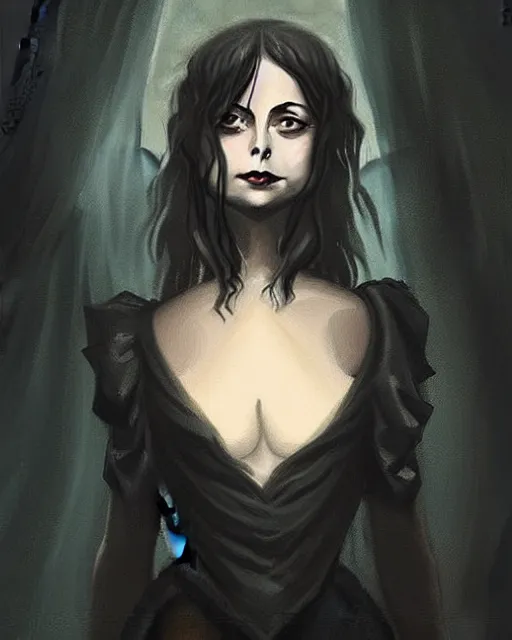 Prompt: style of hubert robert, rafeal albuquerque : : gorgeous willa holland : : evil witch, swirling black magic, black dress : : symmetrical face, symmetrical eyes : : full body pose : : gorgeous black hair : : magic lighting, low spacial lighting : :