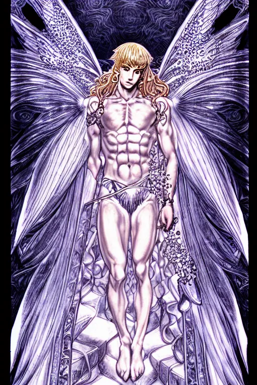 Prompt: illustration of a male angel encased in ice and crystals, intricate linework, in the style of moebius, ayami kojima, 1 9 9 0's anime, retro fantasy