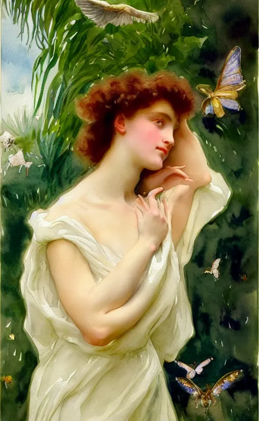 Prompt: the face of a young woman with marble complexion, angelic features, dancing curls around her face, her head raised in rapture, symmetrical eyes, watercolor by john singer sargent, background lush vegetation, insects and birds, 8 k uhd