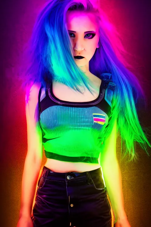 Image similar to a award winning half body portrait photograph of a beautiful woman with stunning eyes in a croptop and cargo pants with rainbow colored hair, routlined by whirling illuminated neon lines, outrun, vaporware