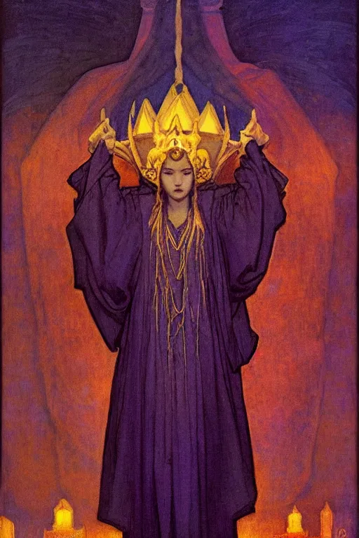 Image similar to child of darkness with her crown and lantern, by Nicholas Roerich and Annie Swynnerton and and jean delville, dramatic cinematic lighting , ornate headdress , flowing robes, sacred artifacts, lost civilizations, smooth, sharp focus, extremely detailed