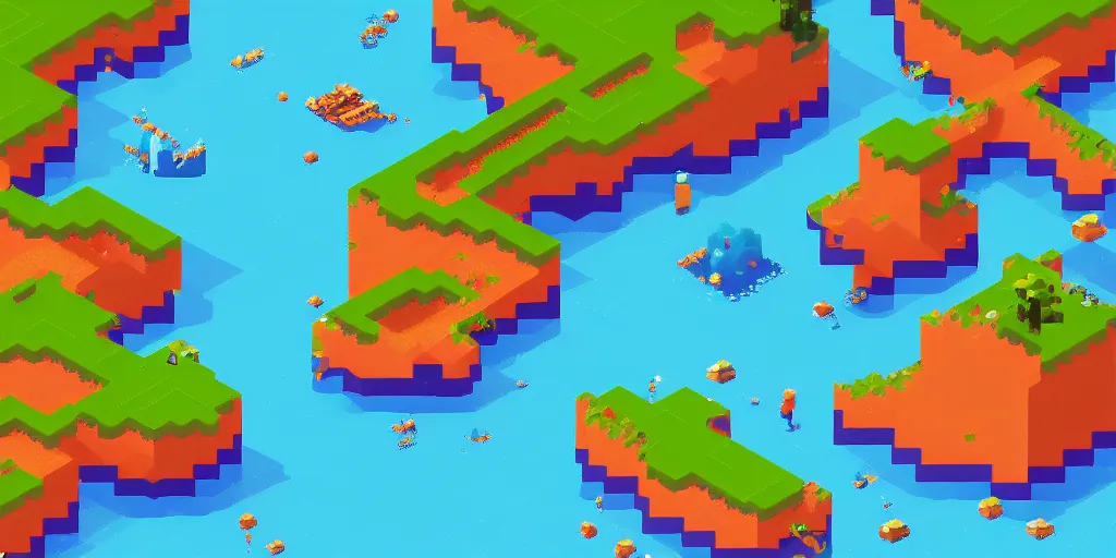 Image similar to isometric videogame screenshot, seperate islands, blocks, axure tones, ocean, clouds, mountains, plastic sheen, pixelart, lensflare, sparkles, glow, shine