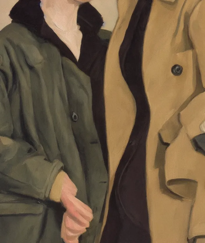 Image similar to a very detailed painting of an 8 0 s jacket with big shoulder pads, very aesthetic leather jacket, detailed closeup of leather jacket, front view, very fashionable, in the style of edward hopper and oswald hornby joseph birley and susan ryder, very small brushstrokes, 4 k,