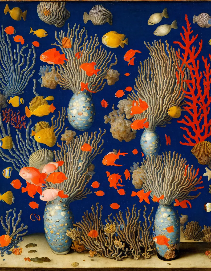 Image similar to bottle vase of coral under the sea decorated with a dense field of stylized scrolls that have opaque outlines enclosing mottled blue washes, with blue cobalt shells and yellow fishes, Ambrosius Bosschaert the Elder, oil on canvas, around the edges there are no objects