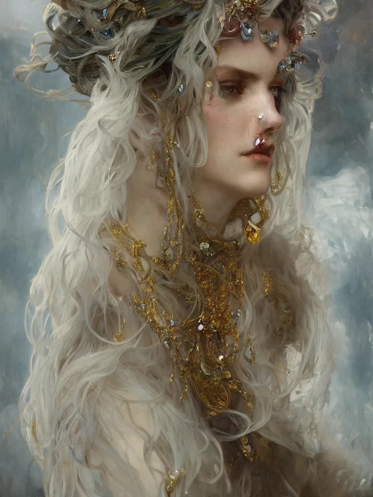 Image similar to a highly detailed beautiful white haired woman, adorned with precious stones and thin gold tendrils, by jeremy mann and alphonse mucha, 8 k resolution, trending on artstation, very very detailed, masterpiece, stunning, intricate,