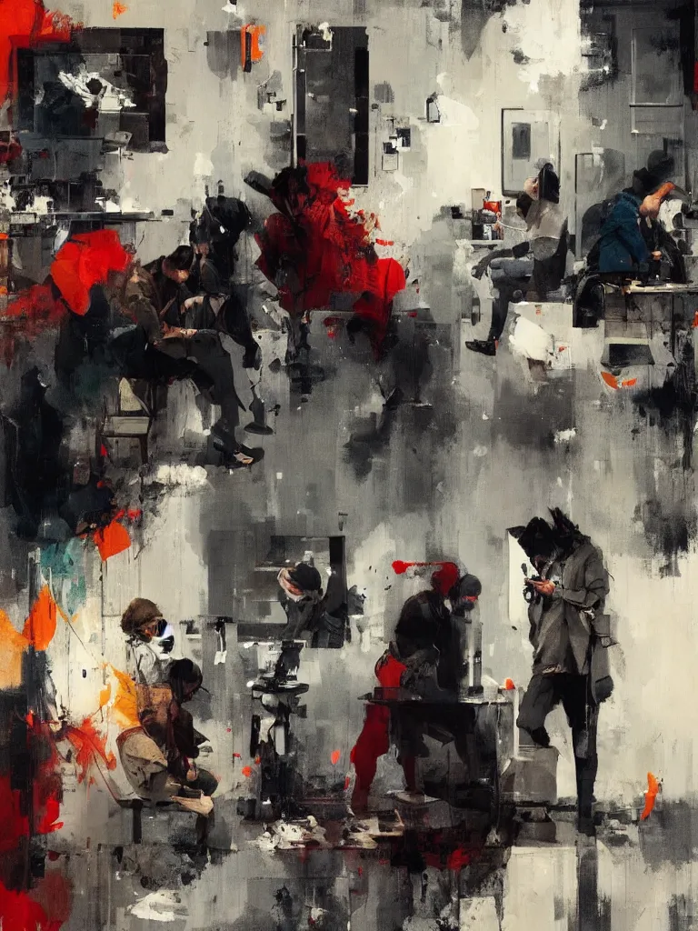 Prompt: a beautiful picture by joram roukes of people looking at their phone in a bathroom, color bleeding, brushstrokes by jeremy mann